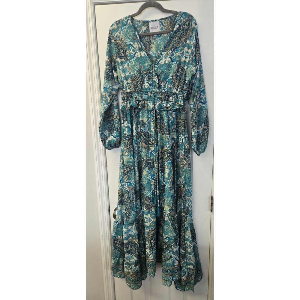 Masala Blue‎ Paisley Smocked Waist Tiered Maxi Dress Boho Cottagecore Gypsy M
